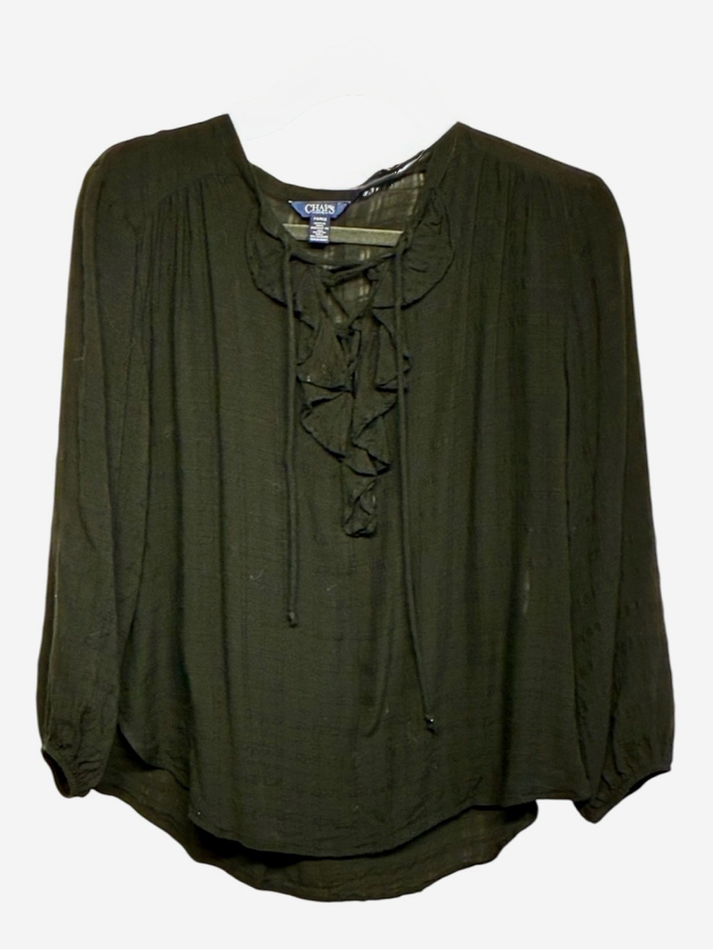 Chaps Black Ruffle Tie-Neck Peasant Blouse Size SP